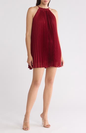Lush High Neck Pleated Minidress In Ruby Red