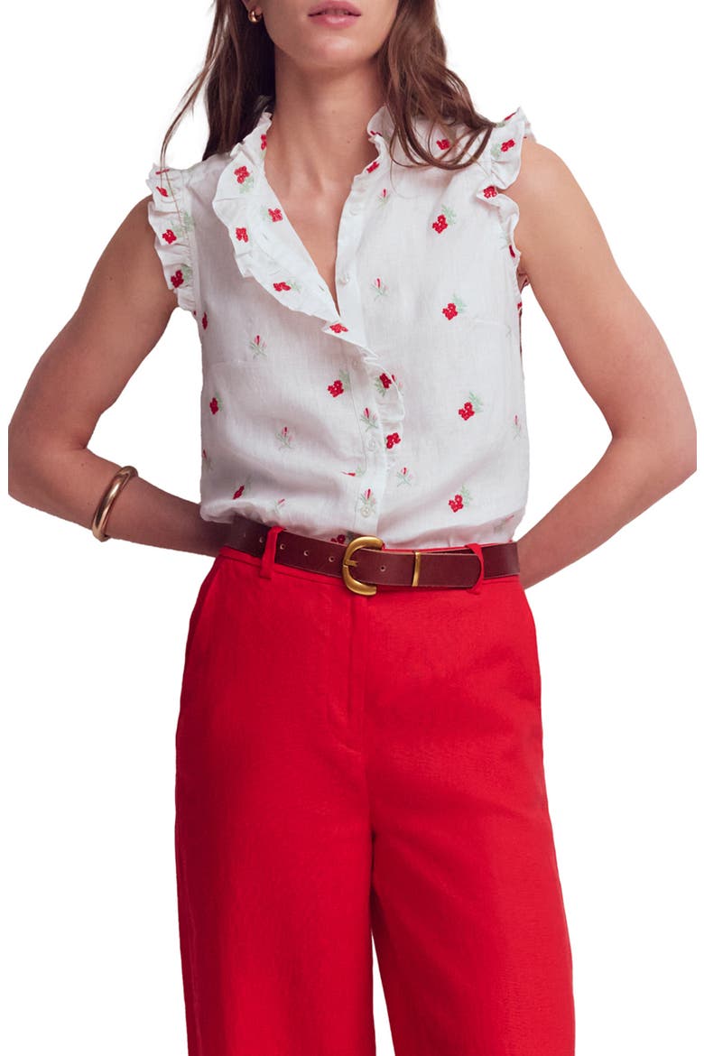 Isabel Embroidered Linen Sleeveless Button-Up Shirt, Main, color, FLORAL EMBROIDERY