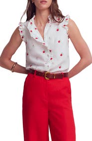 Boden Isabel Embroidered Linen Sleeveless Button-Up Shirt