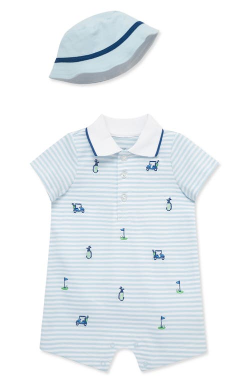Shop Little Me Stripe Golf Embroidered Cotton Polo Romper & Hat Set In Blue