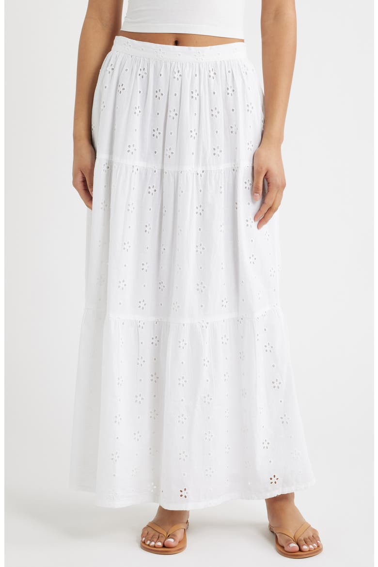 Oasis Broderie Tiered Maxi Skirt, Main, color, WHITE