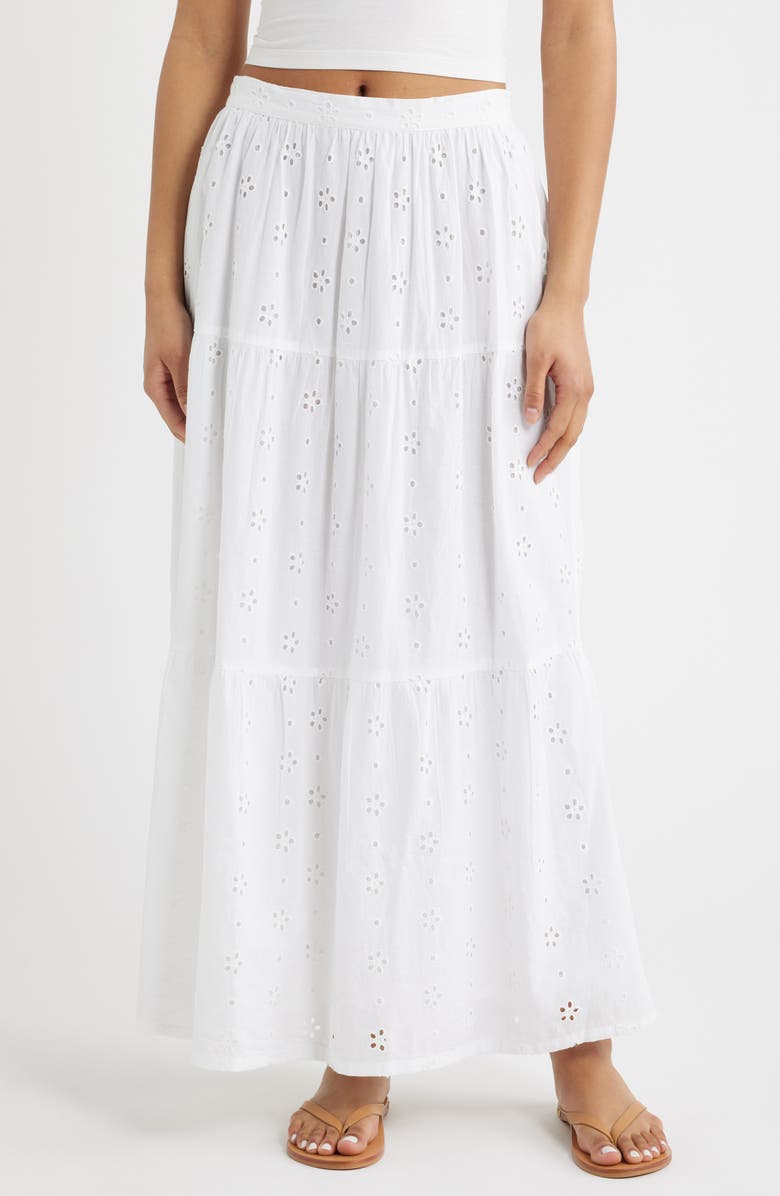 Rip Curl Oasis Broderie Tiered Maxi Skirt, Main, color, White
