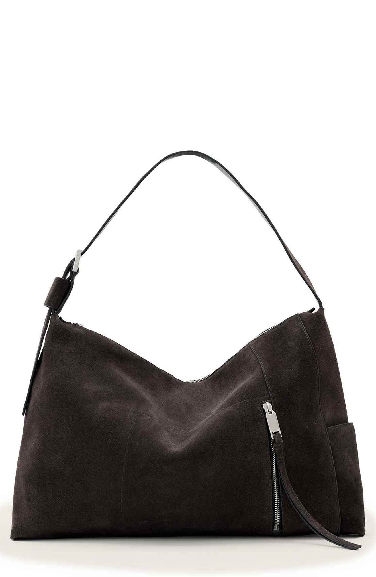 AllSaints Medium Alba Suede Shoulder Bag, Main, color, Bitter Brown