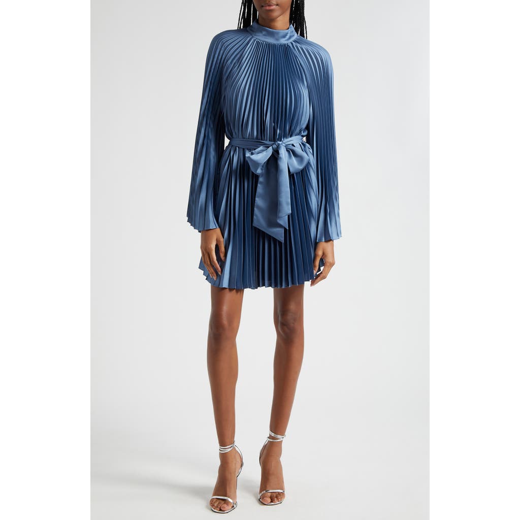 Milly Nandi Long Sleeve Pleated Satin Minidress In Gray