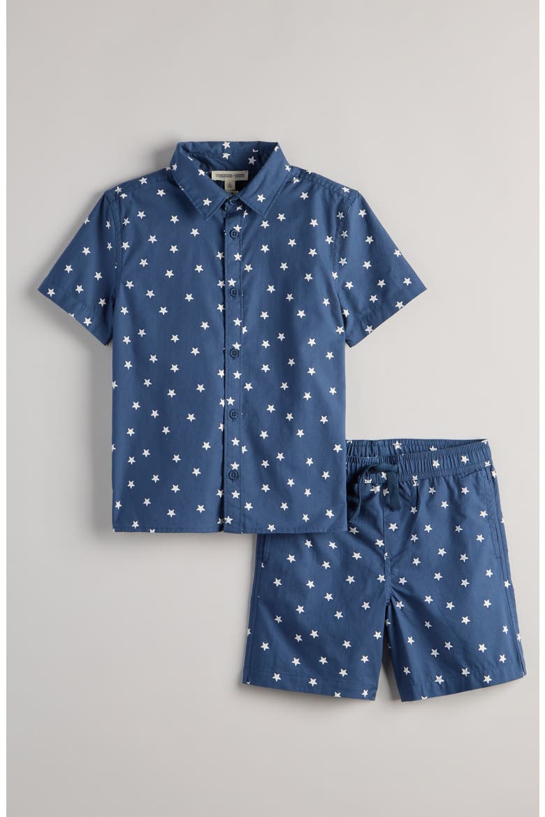 Kids' Print Short Sleeve Button-Up Shirt & Shorts Set, Main, color, NAVY DENIM STARRY STARS