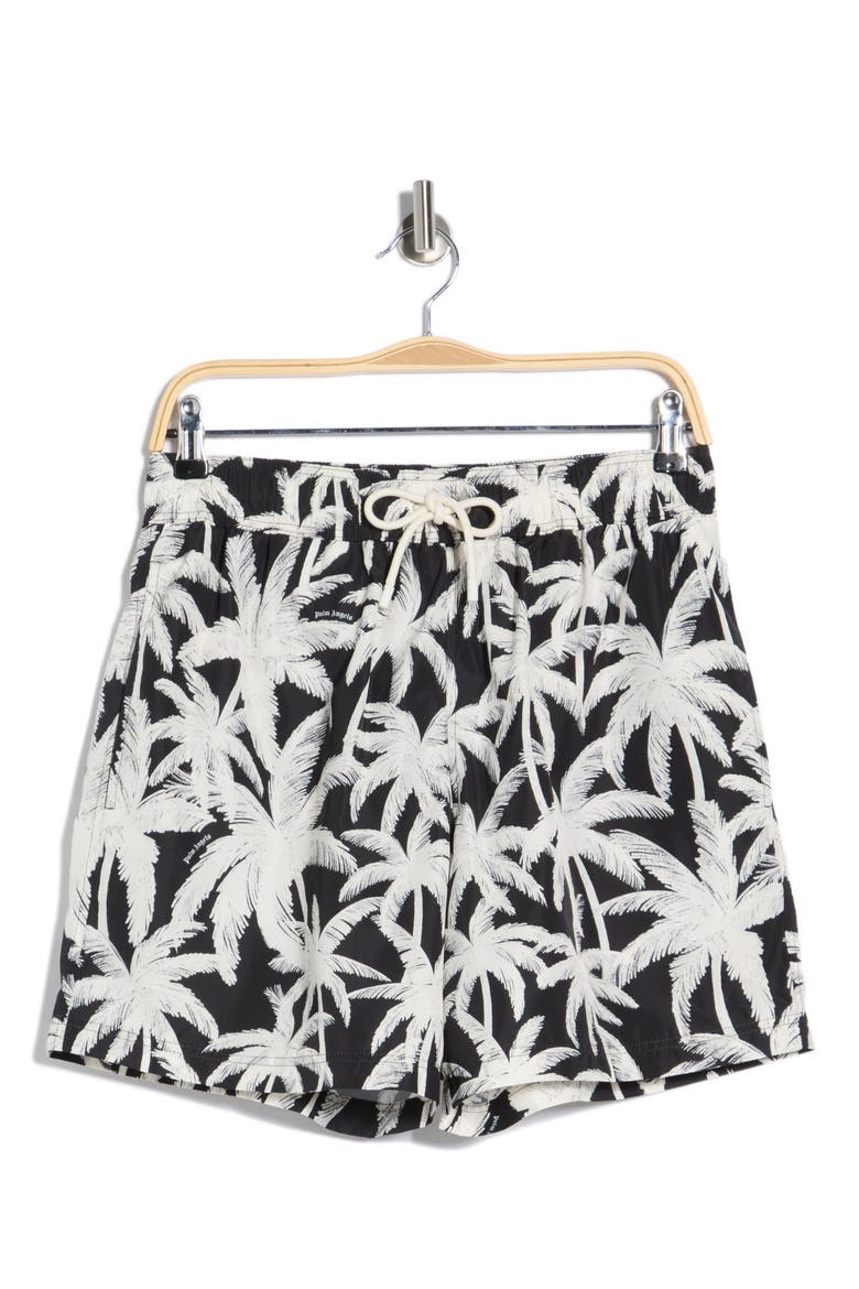 Palm Tree Print Swim Shorts, Alternate, color, BLACK/WHITE