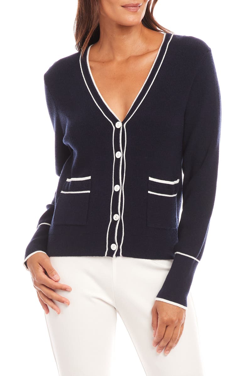Karen Kane Contrast Trim Cardigan, Main, color, Navy/ Off White