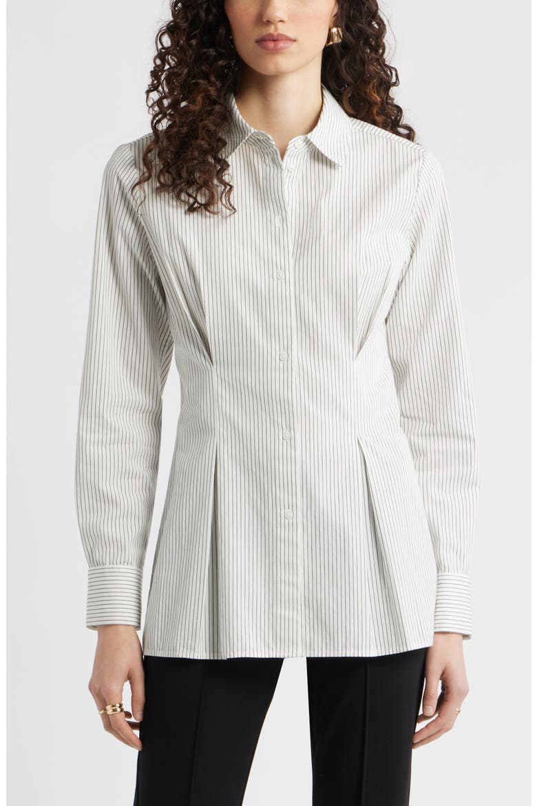 Stripe Pleat Waist Button-Up Shirt, Main, color, IVORY- NAVY DYLAN STRIPE