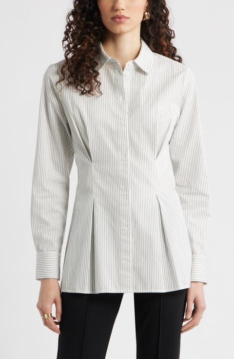 Stripe Pleat Waist Button-Up Shirt