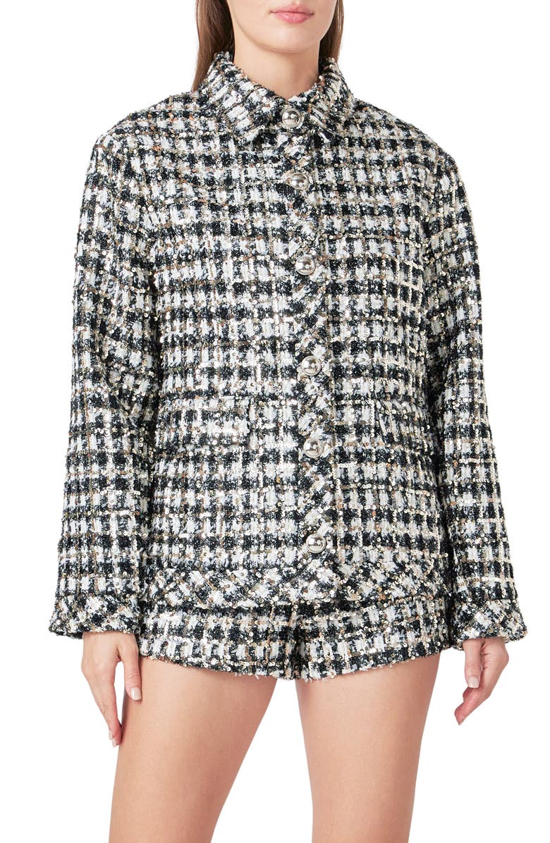 Endless Rose Sequin Check Jacket, Main, color, Black/ White