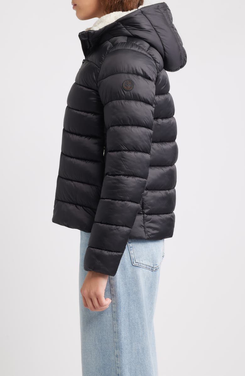 Save The Duck Gretel Faux Shearling Lining Hooded Puffer Jacket, Alternate, color, Black