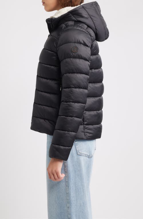 Save The Duck Gretel Faux Shearling Lining Hooded Puffer Jacket In Black