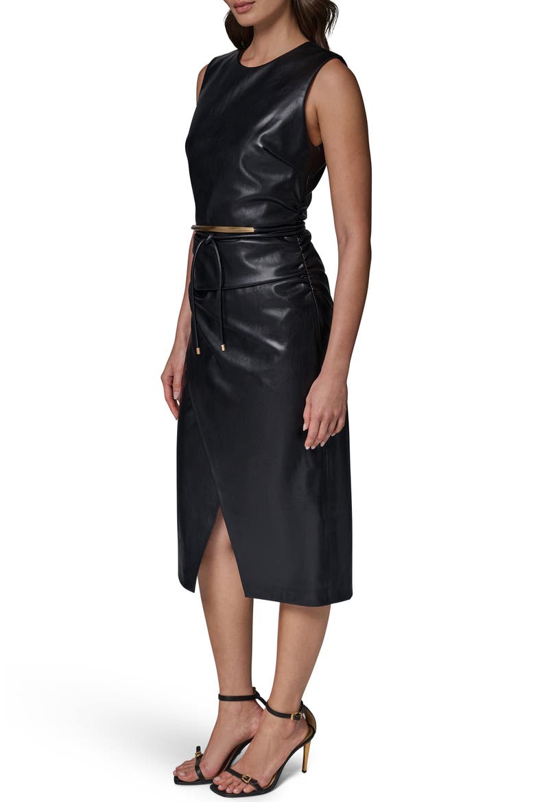 Faux Leather Belted Midi Dress, Alternate, color, BLACK