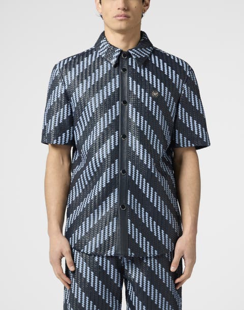 Weaved Leather Shortsleeve Shirt Stripes Men