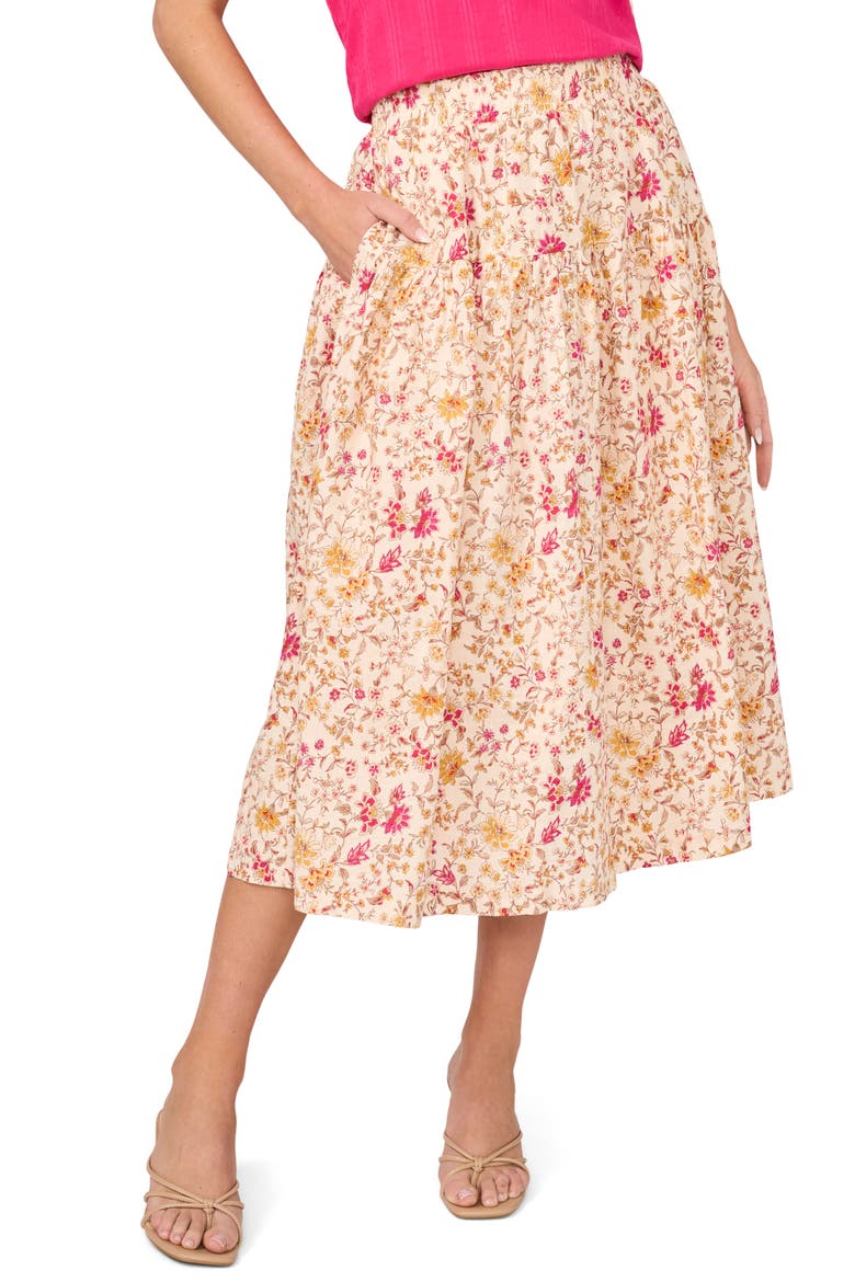 Print Pull-On Tiered Midi Skirt, Main, color, BUTTERCREAM