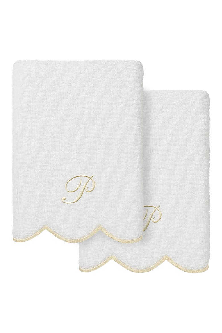 Adornia Scallop Set of 2 Monogrammed Hand Towels, Main, color, WHITE/ BEIGE P