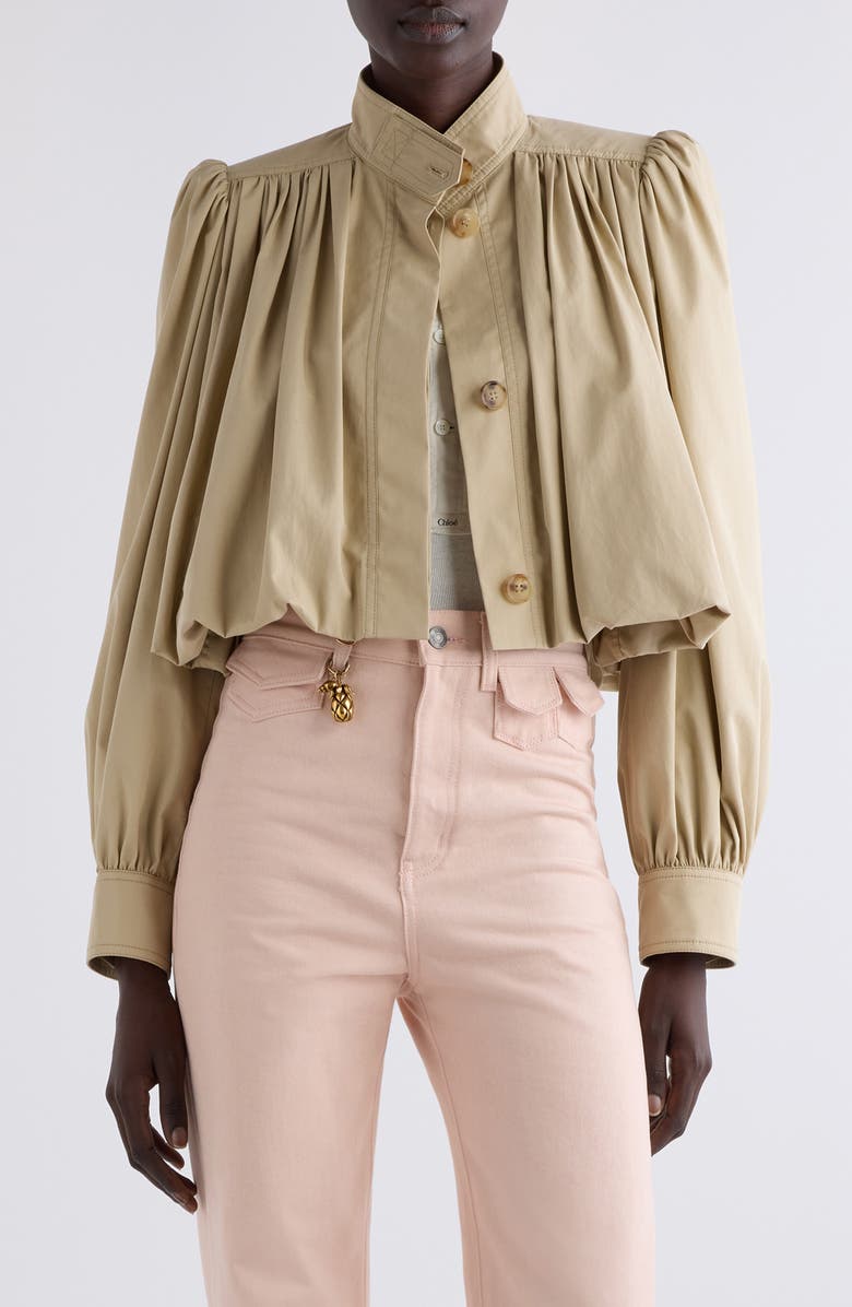 Chloé Puff Sleeve Gathered Cotton Gabardine Crop Jacket, Main, color, Smoky Beige