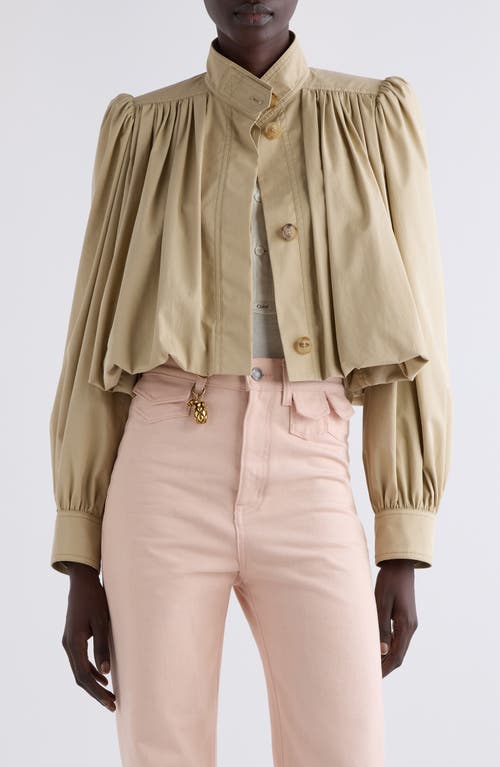 Chloé Puff Sleeve Gathered Cotton Gabardine Crop Jacket in Smoky Beige at Nordstrom, Size 40