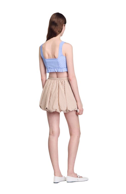 Sandro Womens Bleus Striped Ruffle-trim Cotton-blend Crop Top In Blue