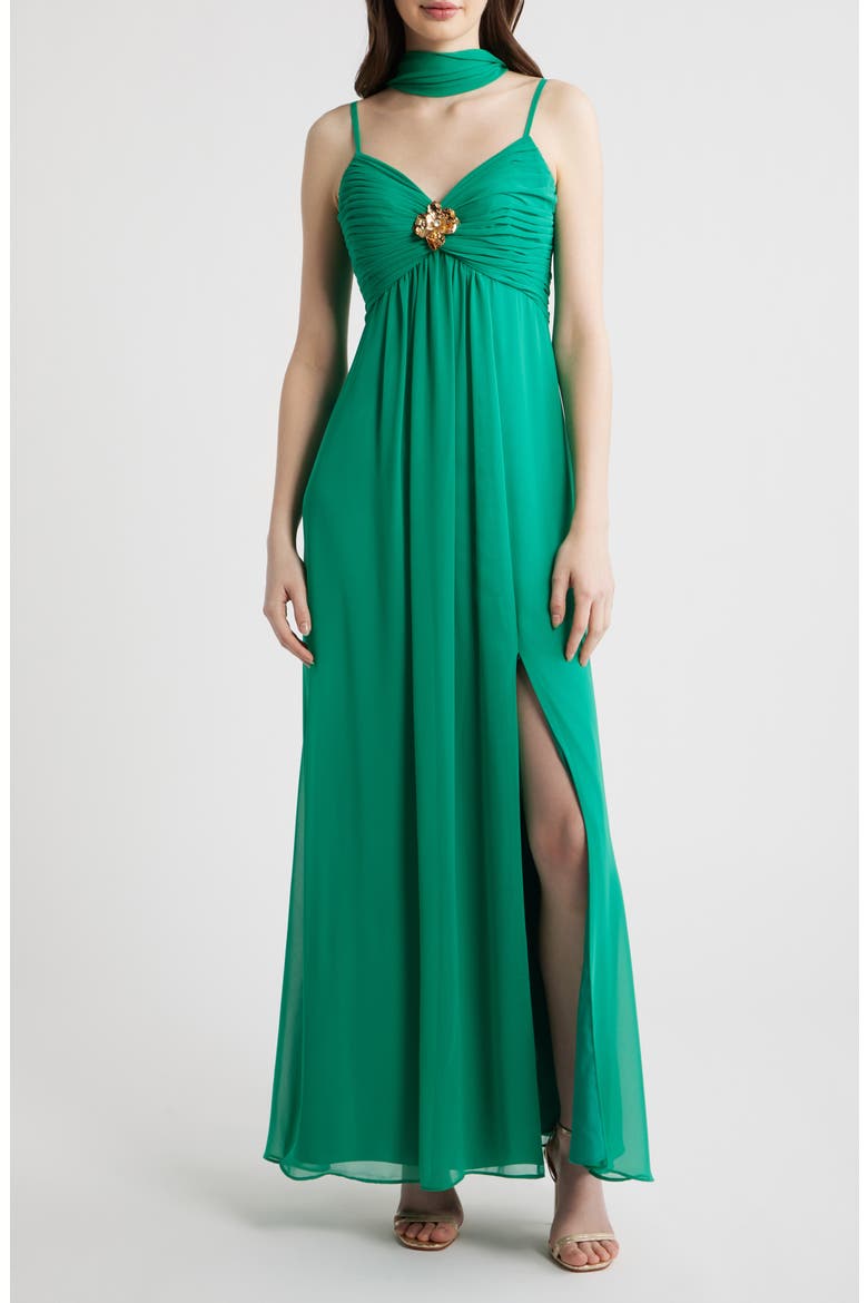 Pleated Chiffon Gown with Scarf, Main, color, JADE