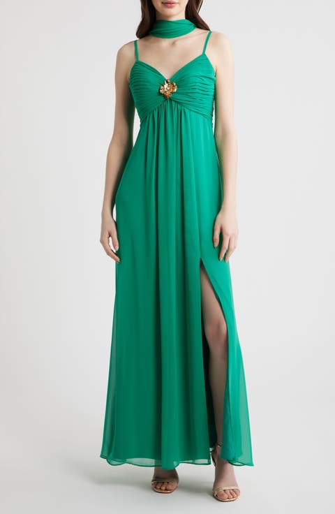 Pleated Chiffon Gown with Scarf