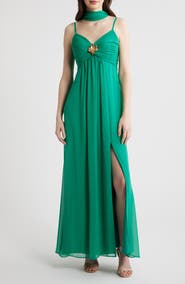 Eliza J Pleated Chiffon Gown with Scarf
