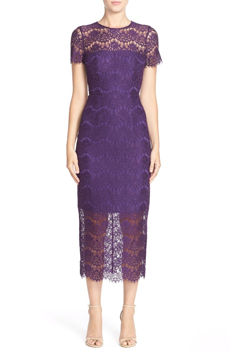 Cynthia Rowley Illusion Yoke Lace Midi Dress, Main, color,