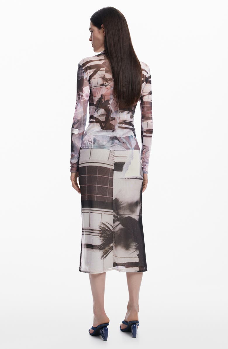 Desigual Abstract Print Mesh Button-Up Shirt, Alternate, color, Neutral Gray