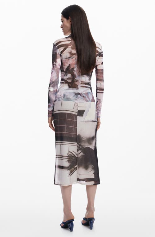 Desigual Abstract Print Mesh Button-up Shirt In Neutral Gray