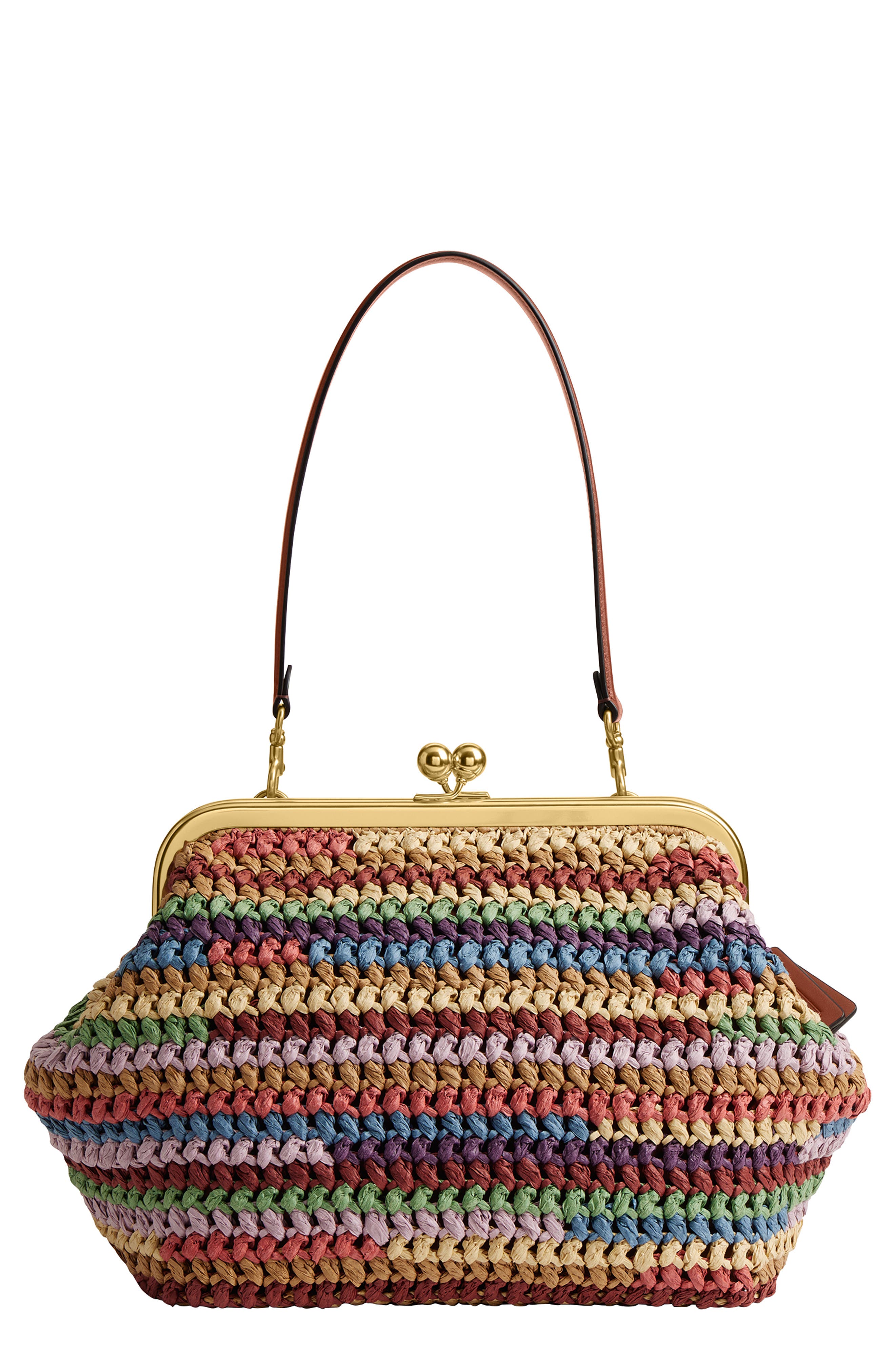 COACH Kiss Lock Frame Large Weave Straw Clutch, Main, color, Multicolored