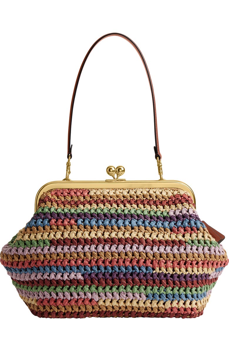 COACH Kiss Lock Frame Large Weave Straw Clutch, Main, color, Multicolored