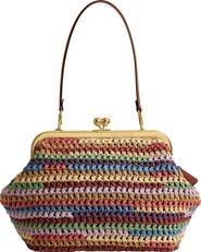 COACH Kiss Lock Frame Large Weave Straw Clutch