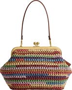 COACH Kiss Lock Frame Large Weave Straw Clutch