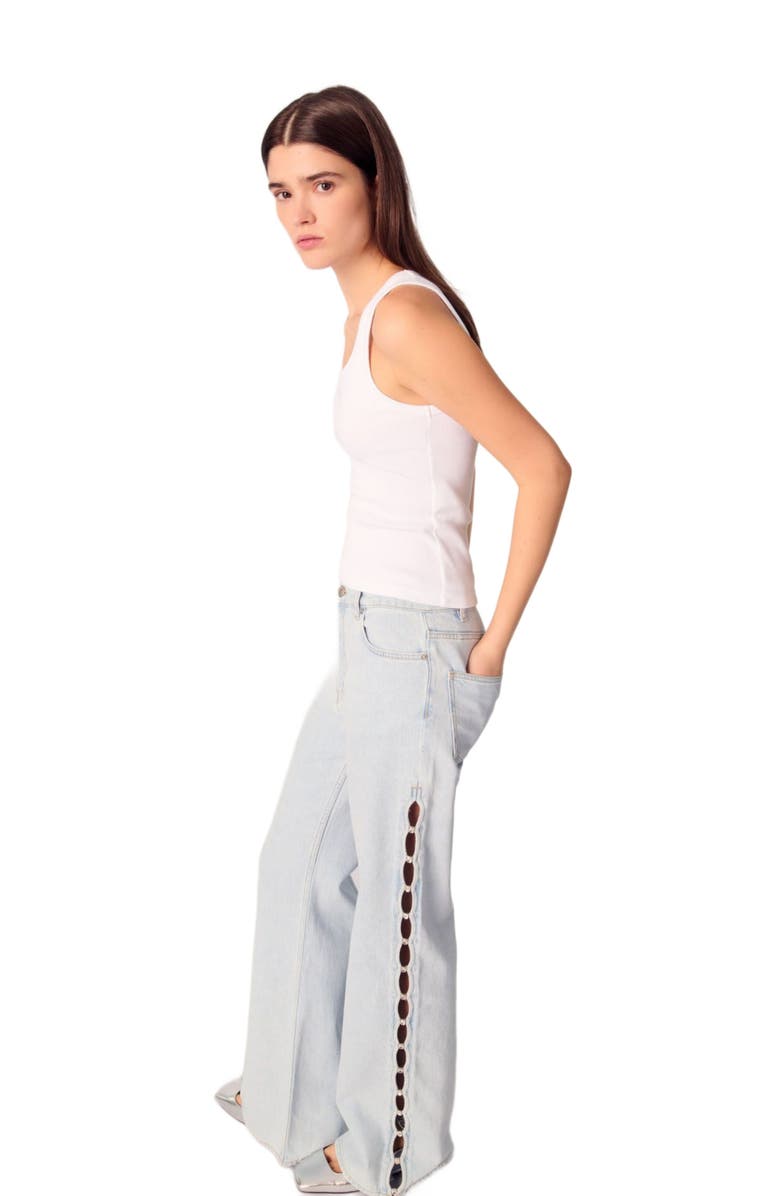 maje Wide-leg rhinestone cutaway jeans, Alternate, color, 