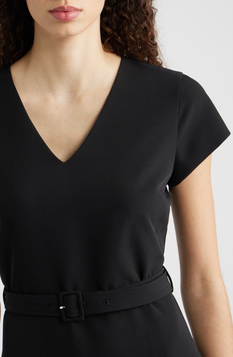 Elie Tahari The Nina Belted Pleated Dress, Alternate, color, Noir/ Noir And White Polka Dot