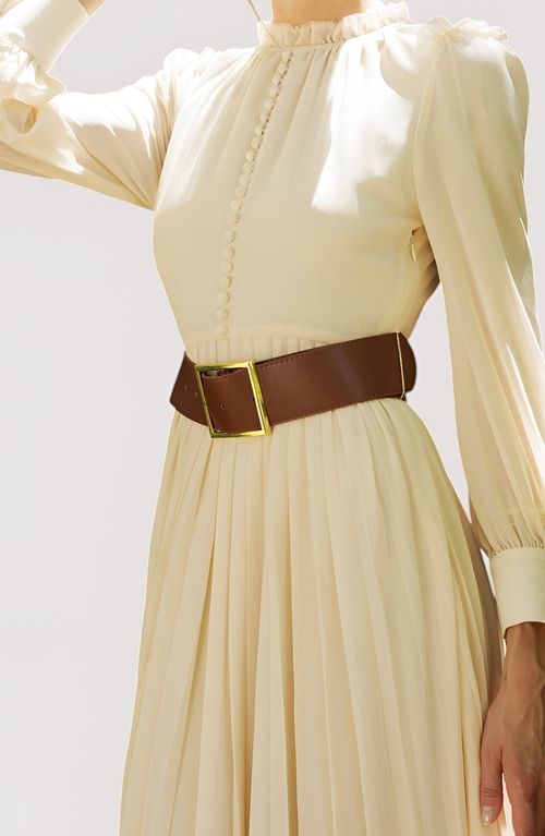 Modenaire Pleated Long Sleeve Maxi Dress With Ruffle Neck And Button Front In Neutral