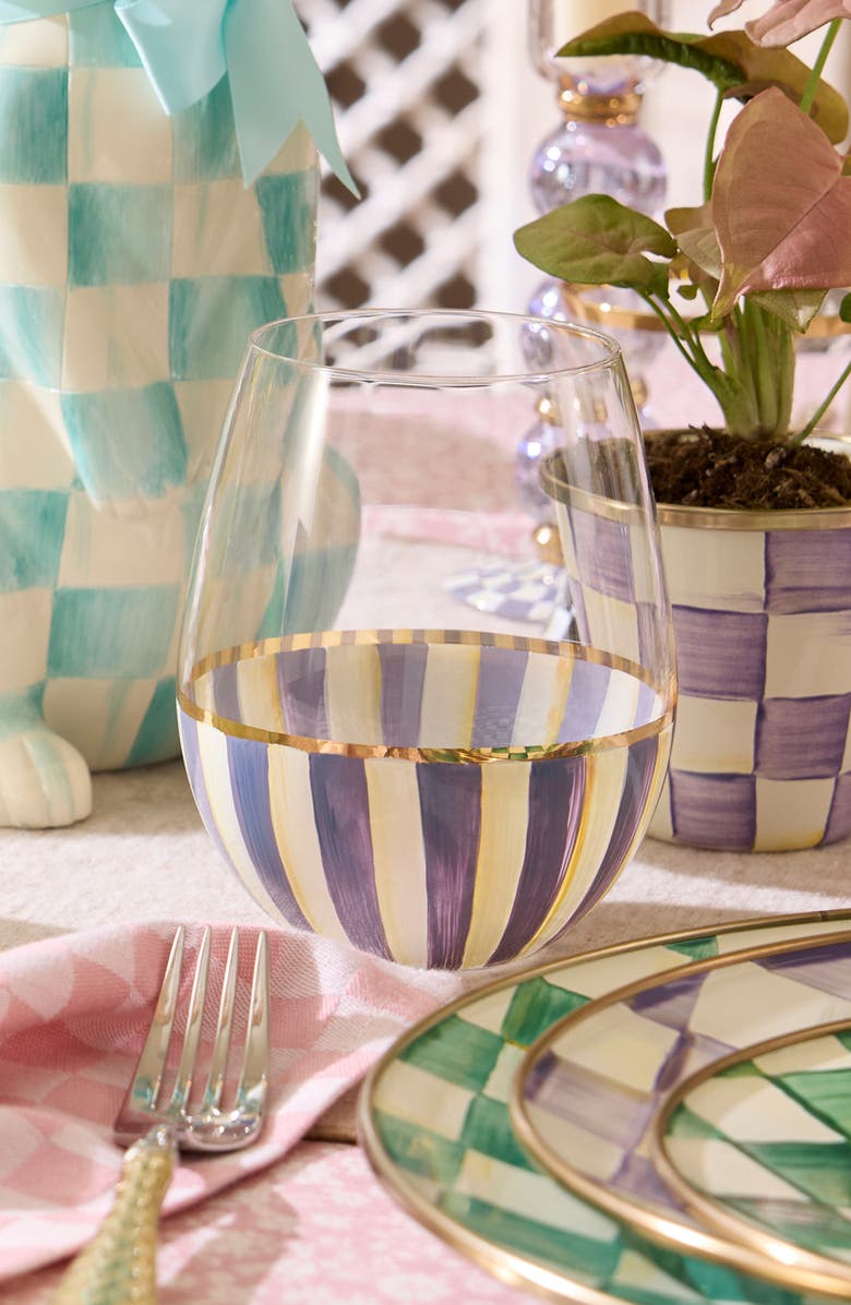 MACKENZIE CHILDS Violet Stripe Stemless Wine Glass, Alternate, color, Violet