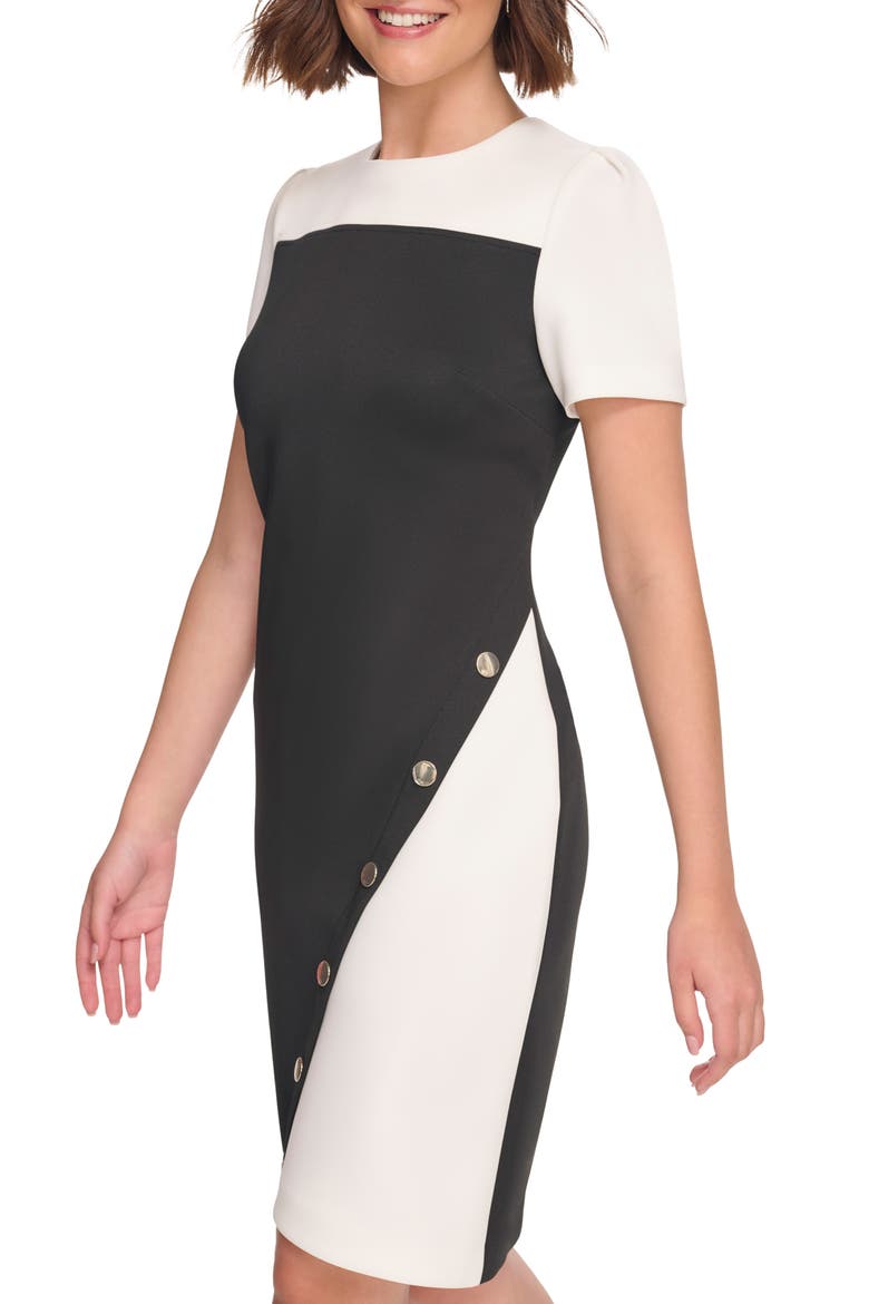 Asymmetric Scuba Sheath Dress, Alternate, color, BLACK/ IVORY