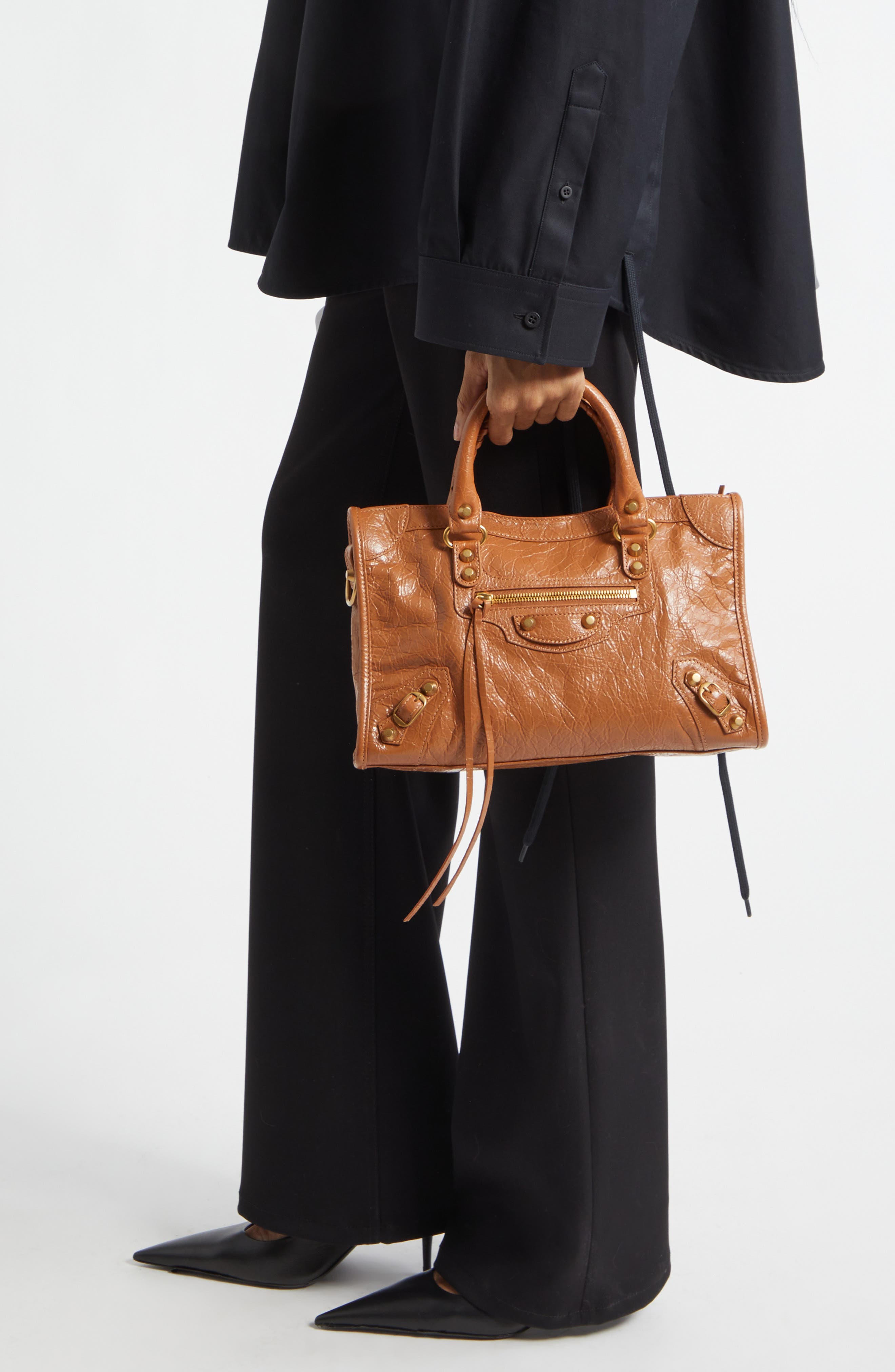 Balenciaga Small Le City Crinkle Leather Satchel, Alternate, color, 2630 Camel