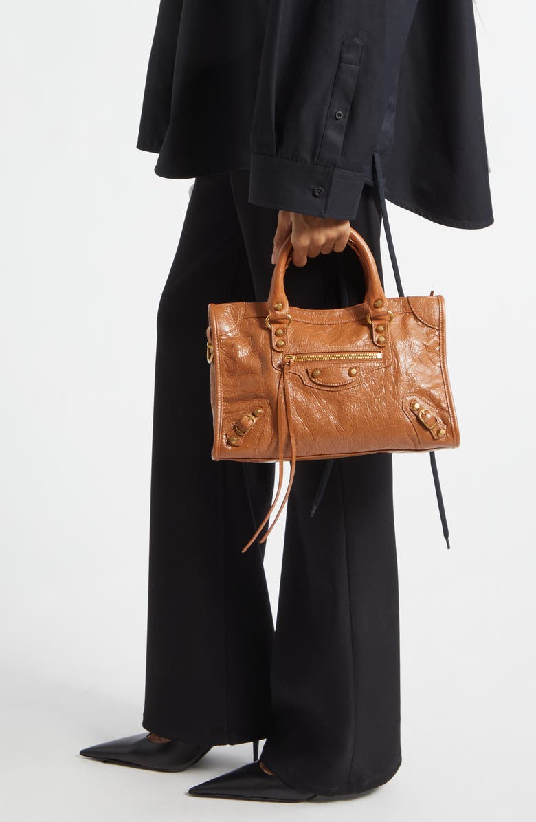 Balenciaga Small Le City Crinkle Leather Satchel, Alternate, color, 2630 Camel