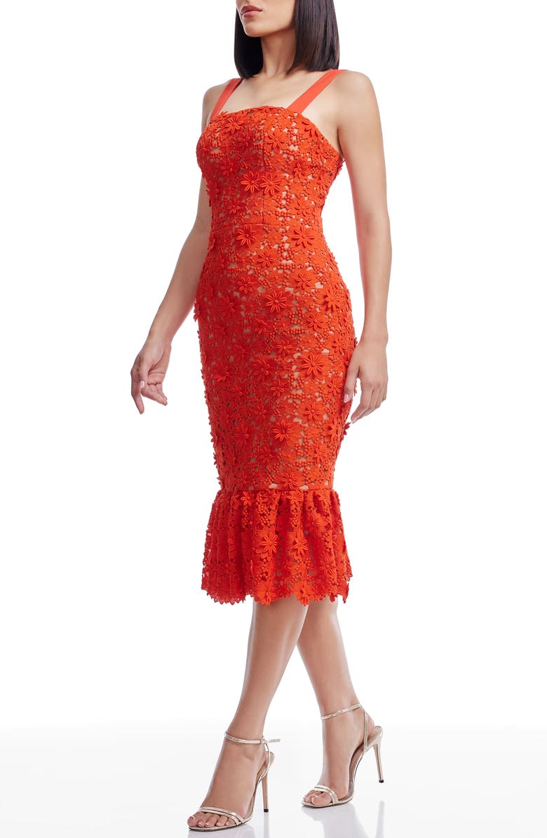 Dress the Population Desiree Floral Appliqué Cocktail Midi Dress, Alternate, color, Poppy