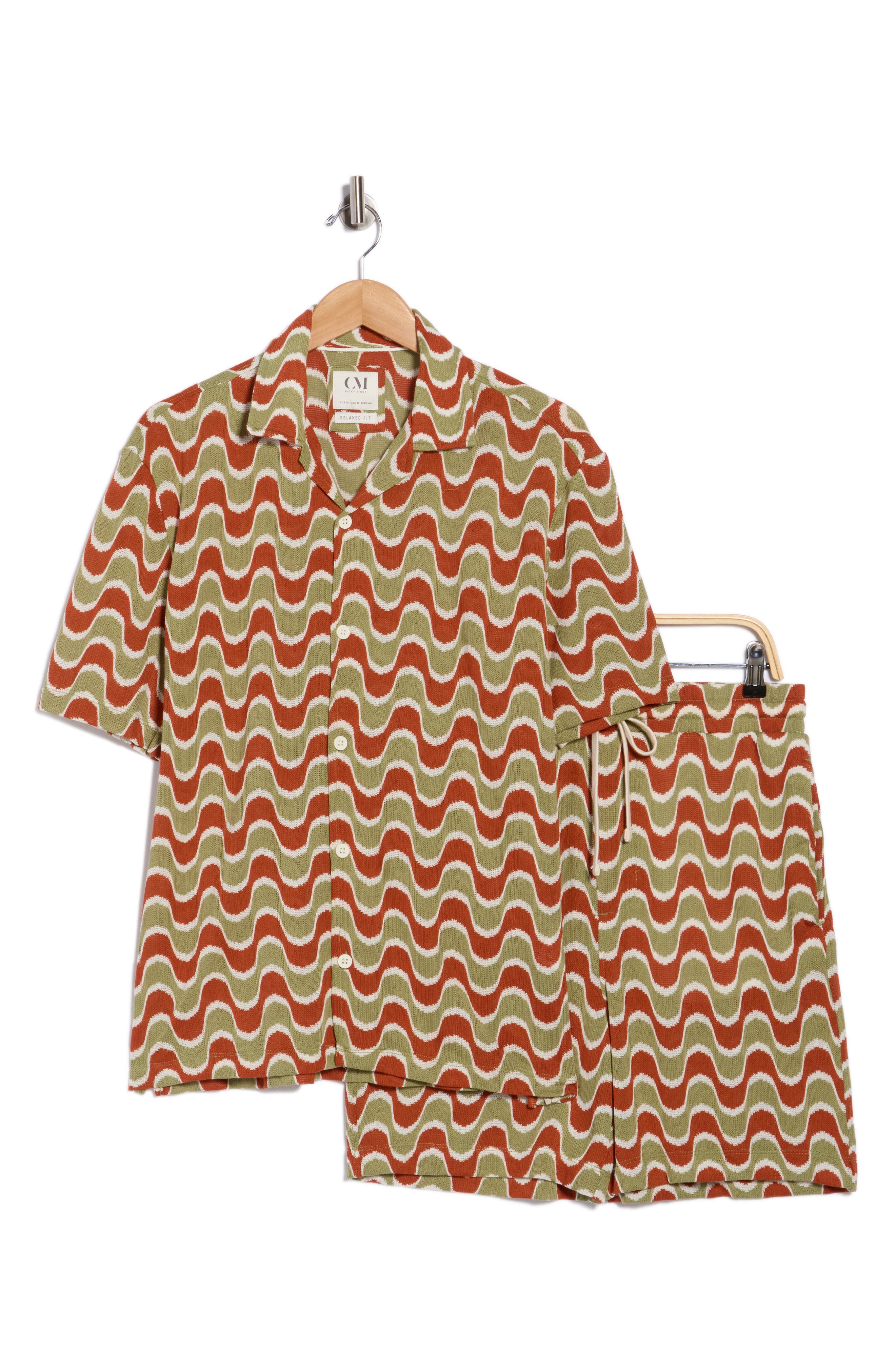 DENIM AND FLOWER Relaxed Fit Wave Print Camp Shirt & Shorts Set