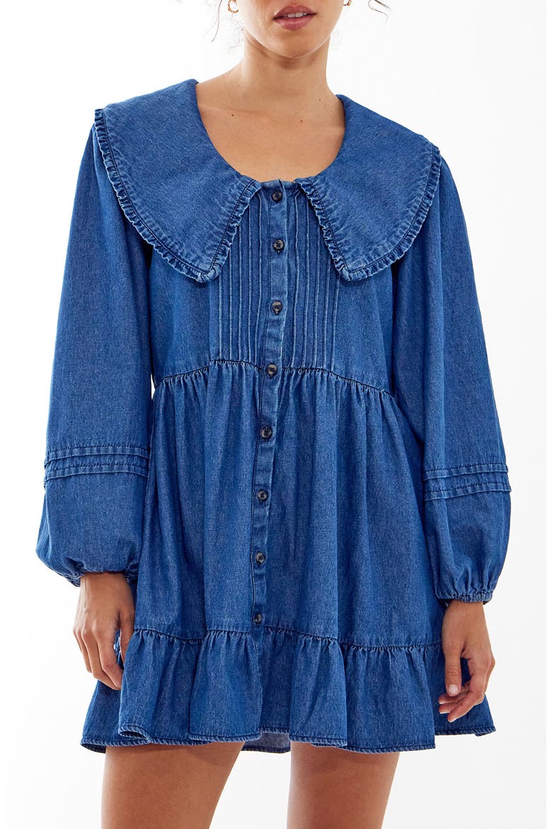 urban outfitters denim dress BDG Leah Denim Pleated Open-Back Drop Waist Mini Dress