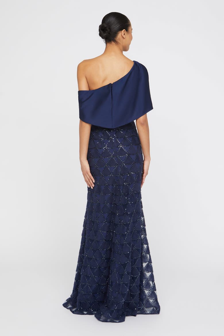Anabella Textured Tulle Asymmetric Neck Satin Fit and Flare Gown, Alternate, color, Navy