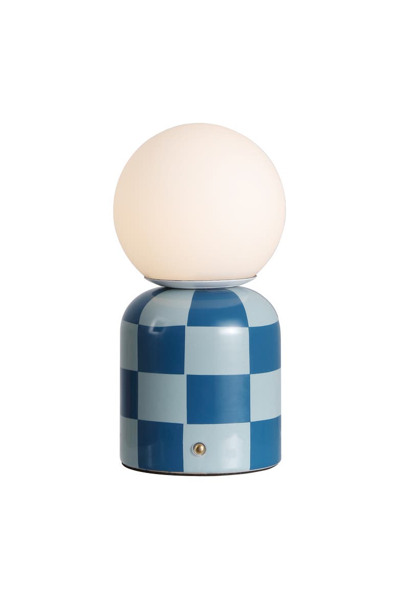 Zira Modern Checkerboard Ceramic Rechargeable Cordless Integrated Portable Dimmable with Frosted Globe Shade LED Table Lamp, Main, color, Light Blue/Dark Blue