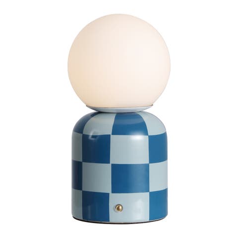 Zira Modern Checkerboard Ceramic Rechargeable Cordless Integrated Portable Dimmable with Frosted Globe Shade LED Table Lamp