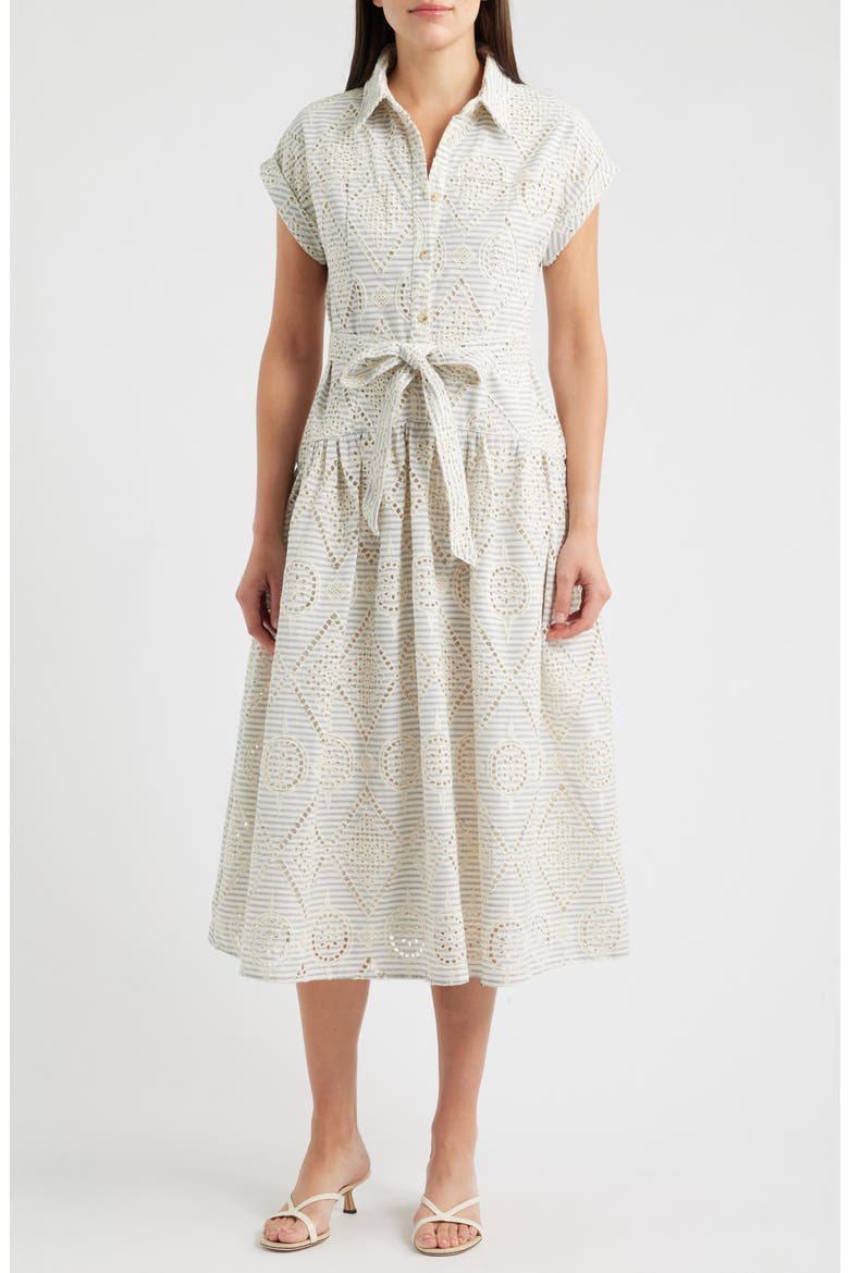 Stripe Eyelet Tie Waist Midi Dress, Main, color, CREAM
