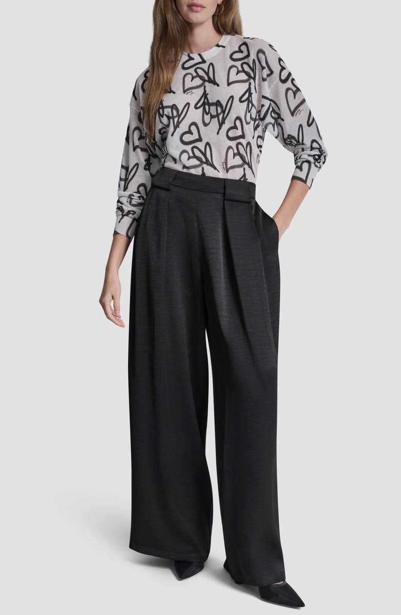 DKNY Pleat Wide Leg Satin Pants, Alternate, color, Black