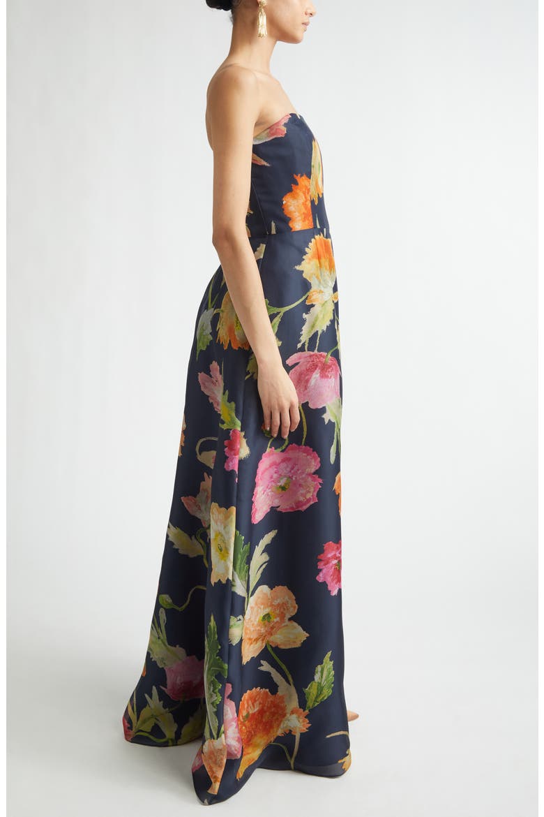 Poppy Print Strapless Silk Gown, Alternate, color, MIDNIGHT MULTI