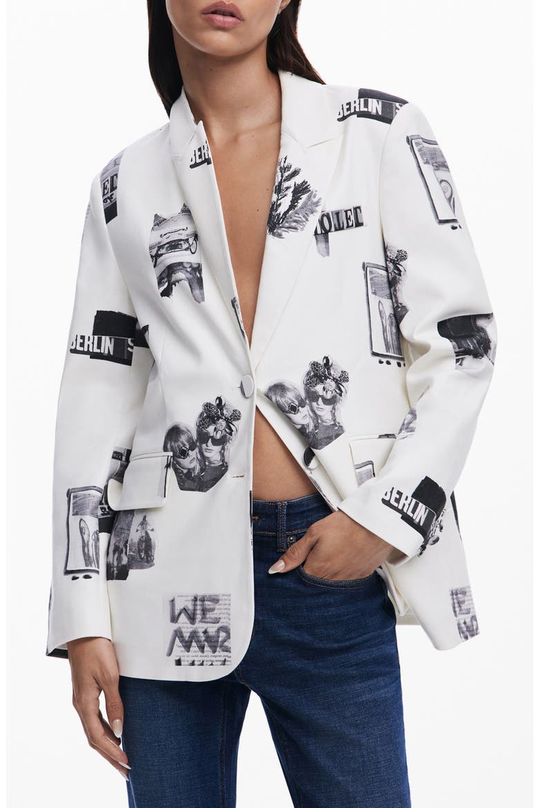 Collage Print Peak Lapel Blazer, Main, color, WHITE